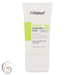 فلوئید ضدآفتاب بیرنگ ویتالیر SPF50 مدل Activit، مناسب پوستهای مختلط و چرب، حجم 50 میلیلیتر
