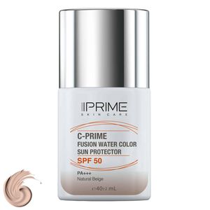 فلوئید ضد آفتاب رنگی پرایم، SPF 50، مدل فیوژن واتر، مناسب انواع پوست  با تنالیته متوسط و حجم 40 میلی لیتر، محافظتکننده در برابر  اشعههای PA++++ ،UVA ،UVB، دارای فرمولاسیون فاقد چربی، ویتامین سی و آنتی اکسیدان، با ماندگاری 4 ساعته