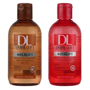 میسلار واتر روشن کننده درمالیفت مدل ملالیفت مناسب برای انواع پوست حجم 250 میلی لیتر به همراه میسلار واتر درمالیفت مدل رزالیفت مناسب برای پوست های حساس حجم 250 میلی لیتر