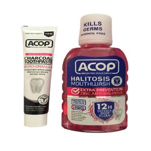 دهان شویه آکوپ مدل Halitosis حجم 300 میلی لیتر به همراه خمیر دندان آکوپ مدل Charcoal حجم 90 میلی لیتر