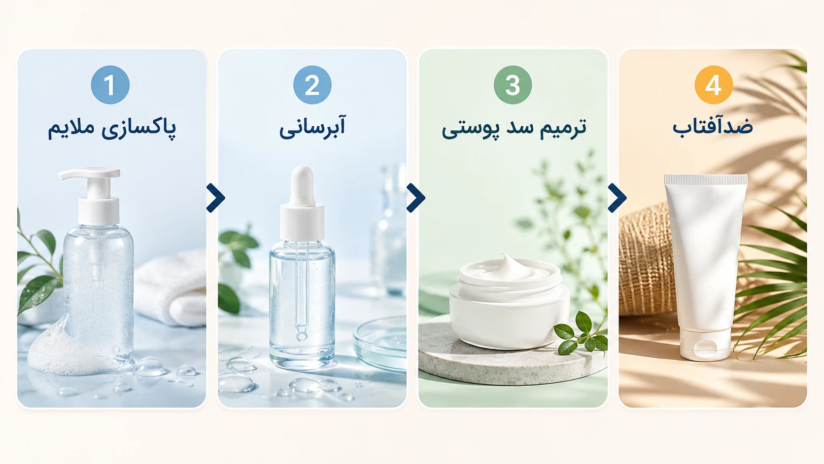 مراحل روتین Barrier-first شامل پاکسازی ملایم، آبرسانی، ترمیم سد پوستی و ضدآفتاب
