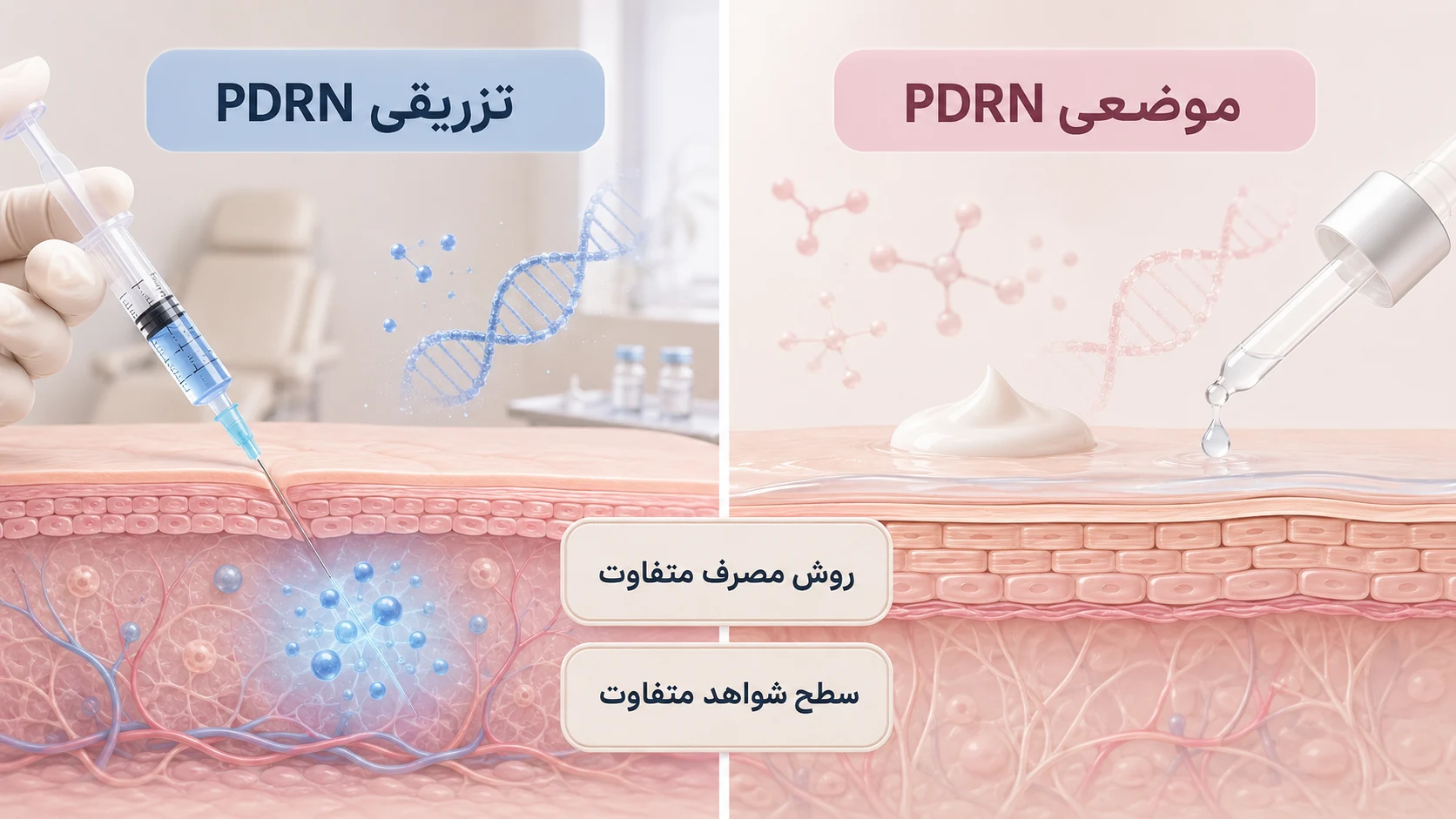 مقایسه PDRN موضعی و تزریقی و تفاوت روش مصرف و سطح شواهد