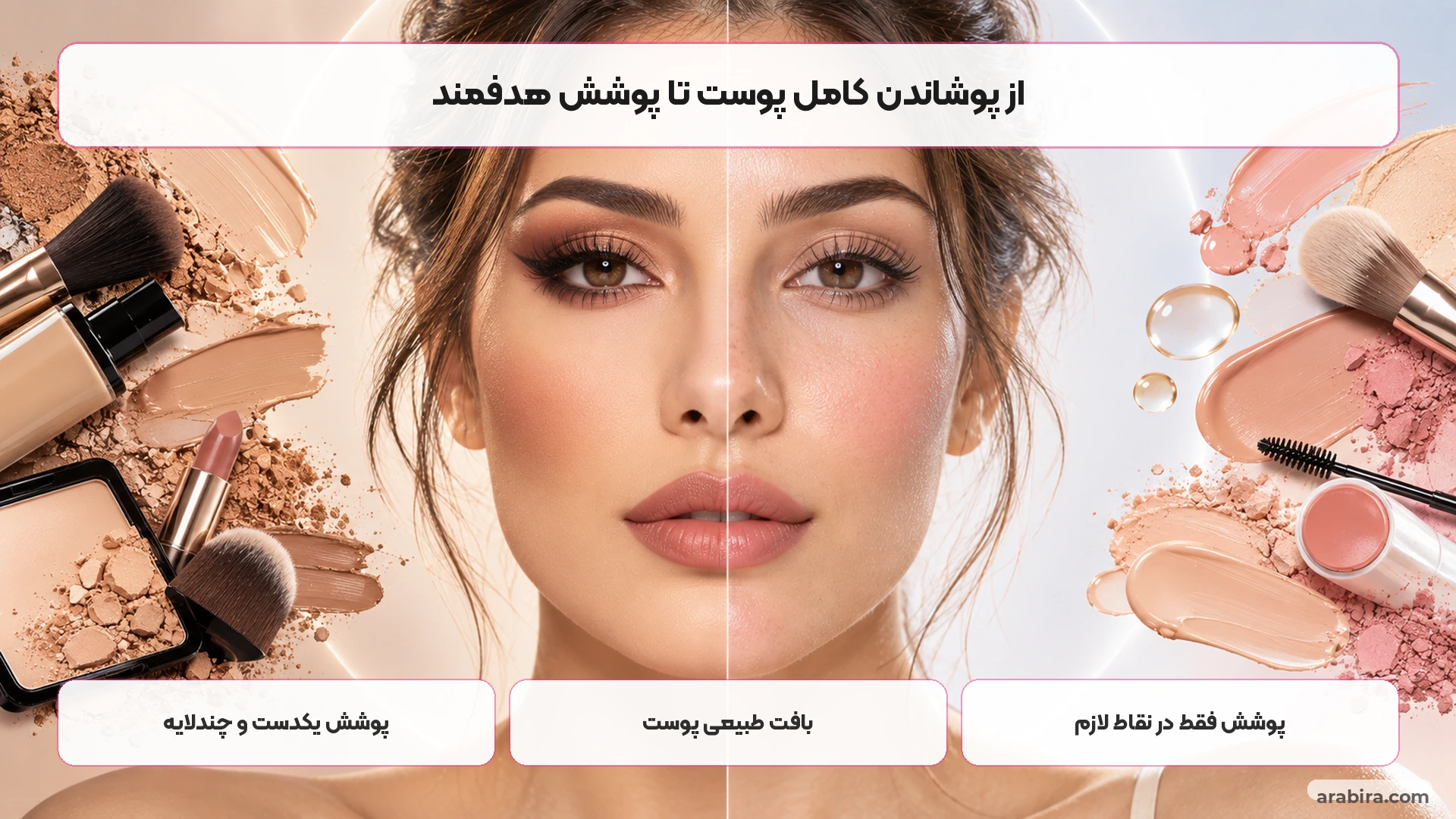 مقایسه تصویری آرایش پرپوشش و میکاپ طبیعی با بافت واقعی پوست