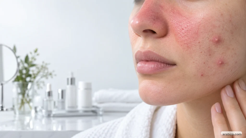 نمای نزدیک پوست صورت با قرمزی و التهاب ملایم برای توضیح تفاوت روزاسه و آکنه