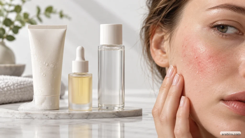 روتین پوستی شامل شوینده اسیدی، رتینول و لایه‌بردار در کنار پوست تحریک‌شده