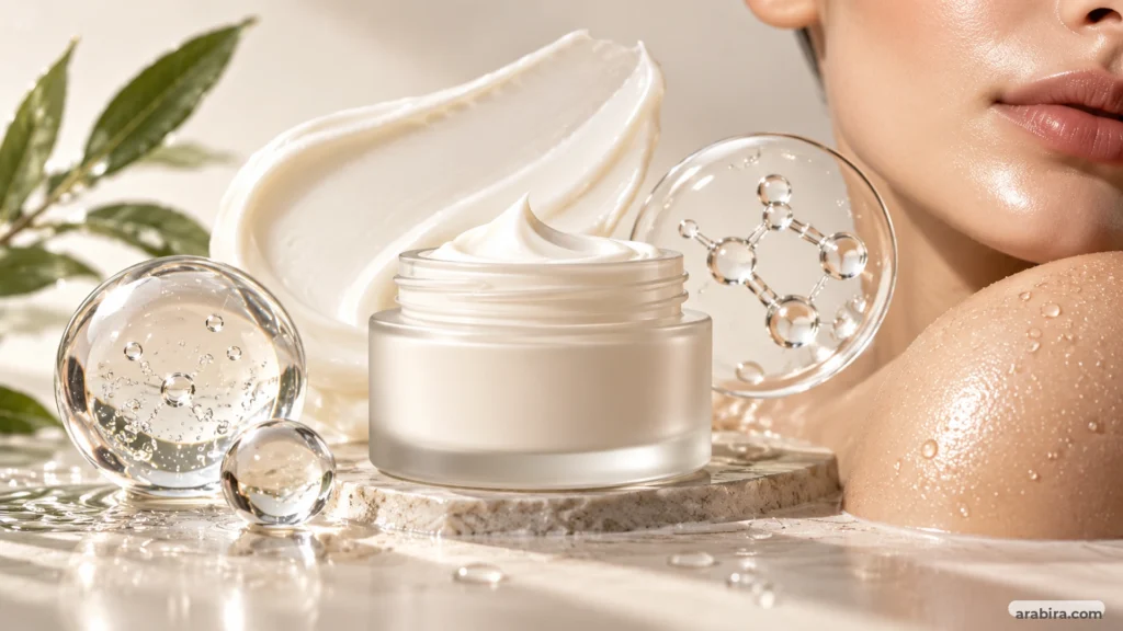 کرم ژل رویال در کنار نمایی نرم و مینیمال از پوست مرطوب و شاداب