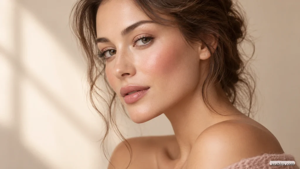 نمای ادیتوریال از آرایش گونه با رژگونه صورتی رز و جلوه طبیعی لیفت‌شده