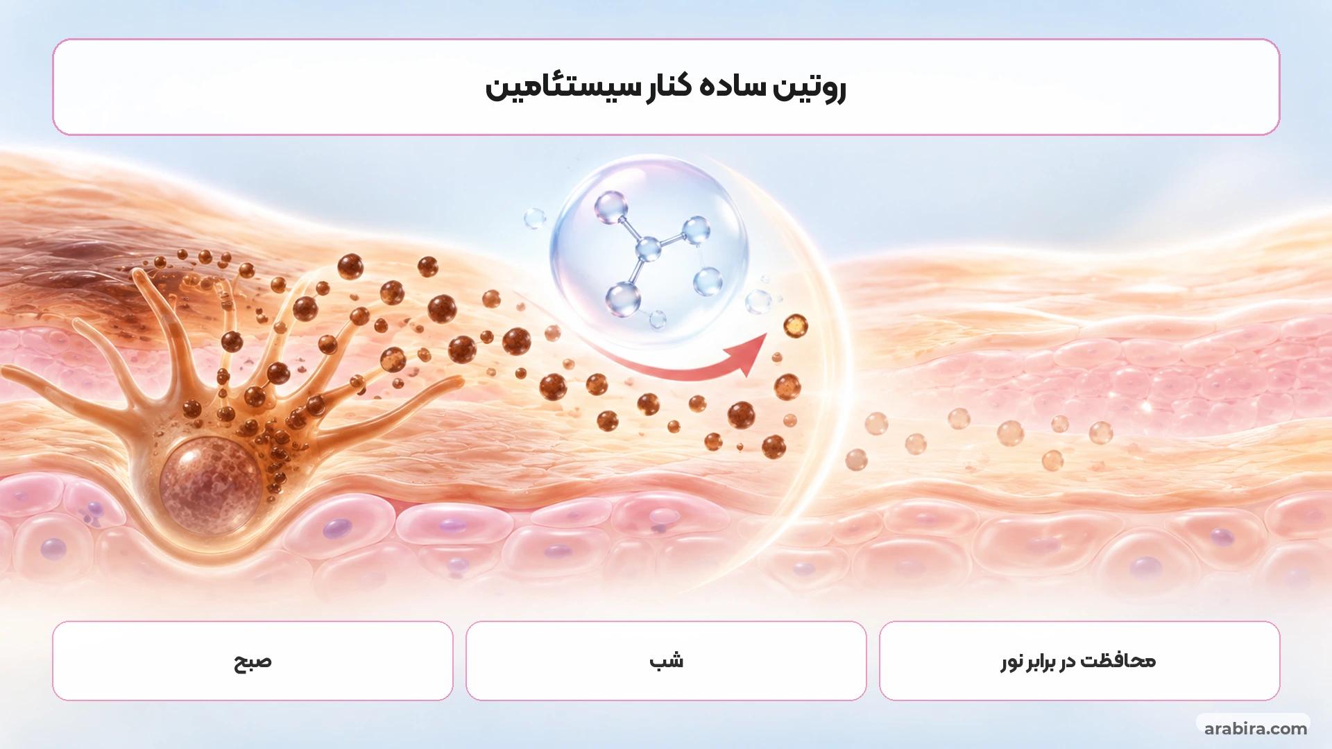 روتین ساده پوست شامل شوینده، سیستئامین، مرطوب‌کننده و ضدآفتاب