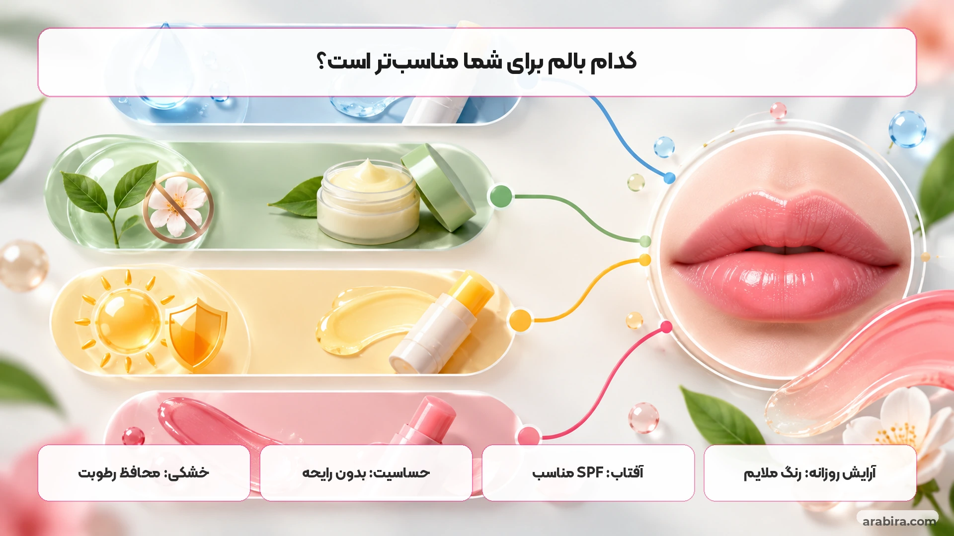نقشه تصمیمگیری برای انتخاب بالم لب بر اساس خشکی، حساسیت، آفتاب و رنگ