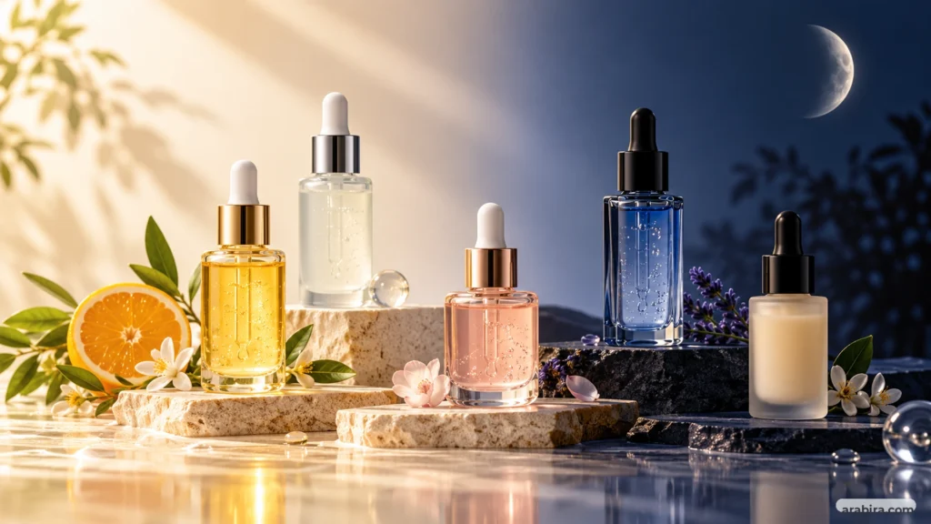 چیدمان ادیتوریال چند سرم پوستی برای روتین صبح و شب